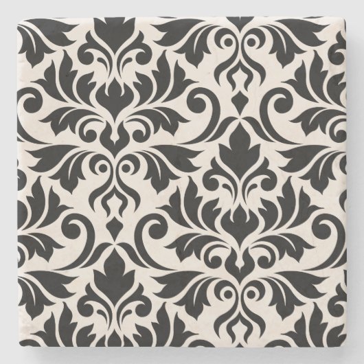 Blüh Damask Art I Black on Cream Steinuntersetzer (Vorderseite)