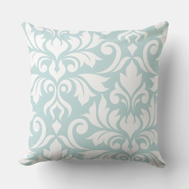 Blüh Damask Art I White on Duck Egg Blue Kissen (Vorderseite)