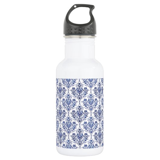 Blüh Damask Muster - blau Edelstahlflasche (Vorderseite)