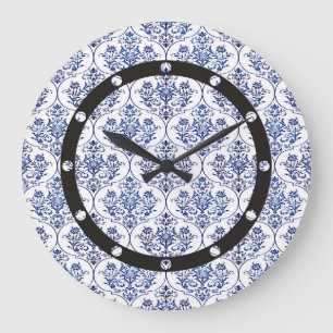Blüh Damask Muster - blau Große Wanduhr