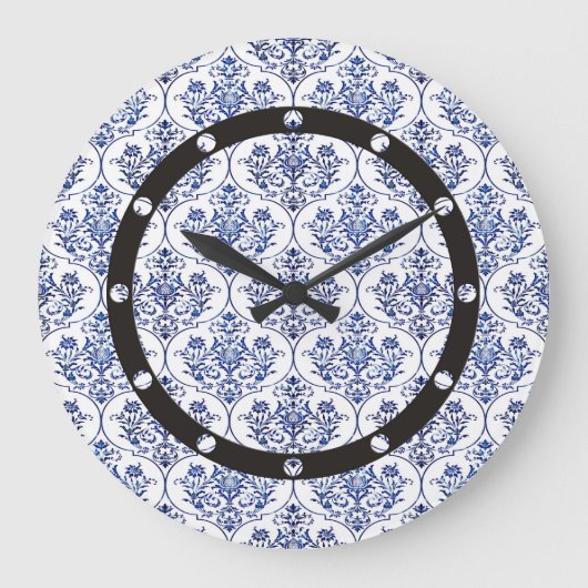 Blüh Damask Muster - blau Große Wanduhr (Vorderseite)