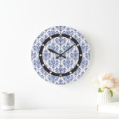 Blüh Damask Muster - blau Große Wanduhr (Zuhause)
