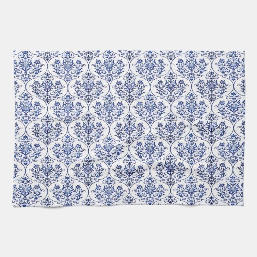 Blüh Damask Muster - blau Handtuch (Horizontal)