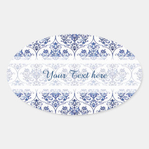 Blüh Damask Muster - blau Ovaler Aufkleber