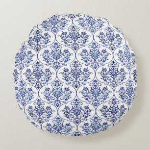 Blüh Damask Muster - blau Rundes Kissen