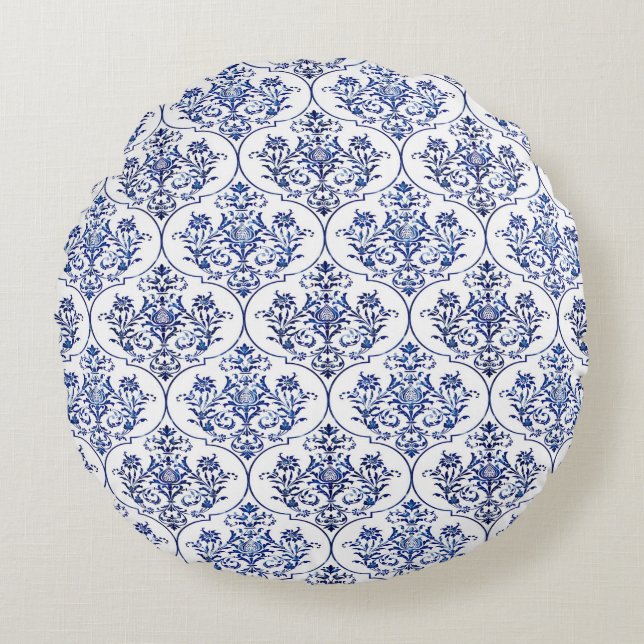 Blüh Damask Muster - blau Rundes Kissen (Vorderseite)