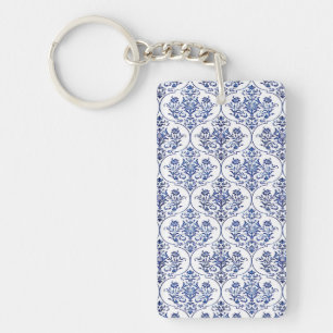 Blüh Damask Muster - blau Schlüsselanhänger