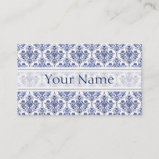 Blüh Damask Muster - blau Visitenkarte (Vorderseite)