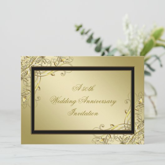 Blüh Gold Black 50. Hochzeitstag Einladung (Stehend Vorderseite)