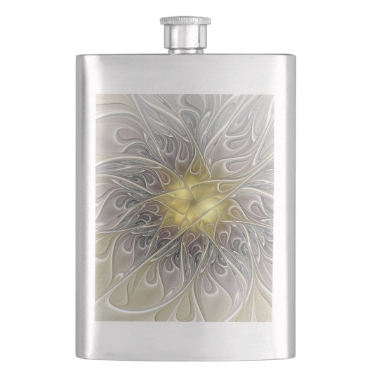Blüh mit Gold Moderne Abstrakte Fraktal Blume Flachmann (Vorderseite)