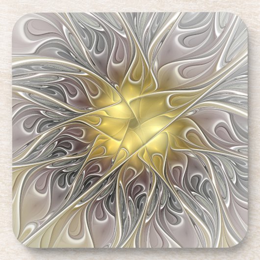 Blüh mit Gold Moderne Abstrakte Fraktal Blume Getränkeuntersetzer (Vorderseite)