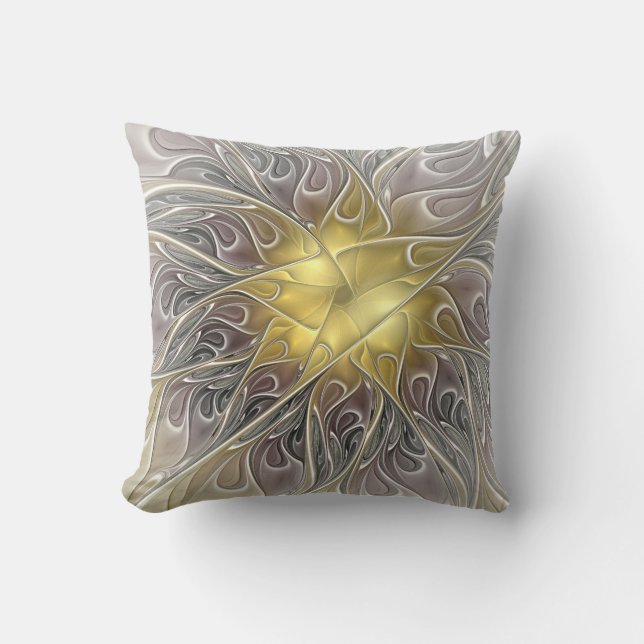 Blüh mit Gold Moderne Abstrakte Fraktal Blume Kissen (Vorderseite)