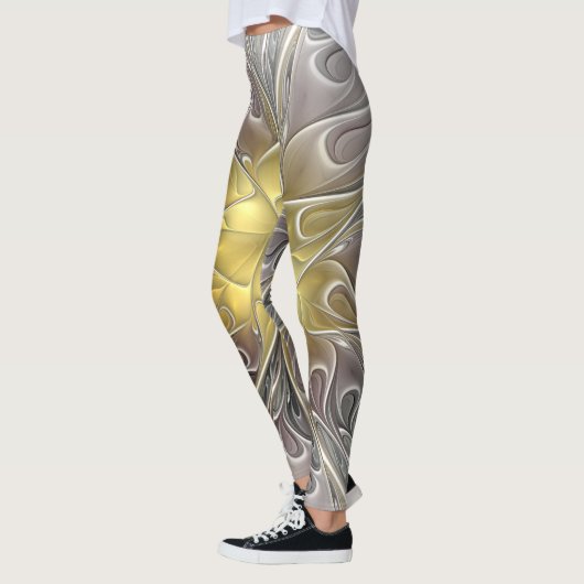 Blüh mit Gold Moderne Abstrakte Fraktal Blume Leggings (Links)