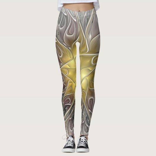 Blüh mit Gold Moderne Abstrakte Fraktal Blume Leggings (Vorderseite)