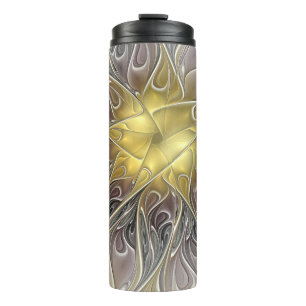 Blüh mit Gold Moderne Abstrakte Fraktal Blume Thermosbecher