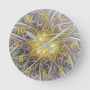Blüh mit Gold Moderner Blume für Abstraktes Frak Runde Wanduhr