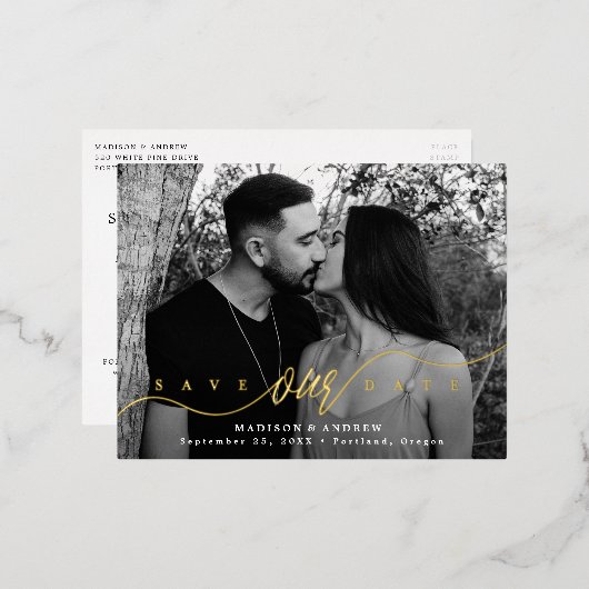 Blüh von Liebe Gold Script Save the Date Folie Einladungspostkarte (Vorderseite/Rückseite)