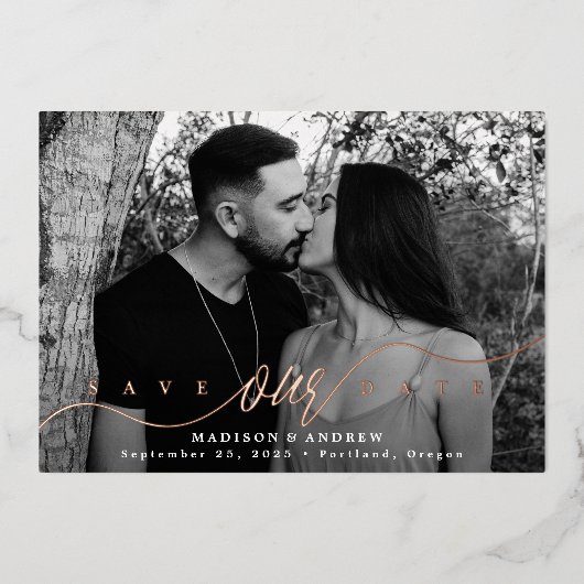 Blüh von Rose Gold Script Save the Date Folieneinladung (Vorderseite)