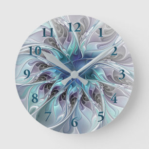 Blühen Abstrakte Moderne Fraktalblume Mit Blau Runde Wanduhr