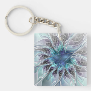 Blühen Abstrakte Moderne Fraktalblume Mit Blau Schlüsselanhänger