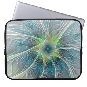 Blühen Fantasy Modern Blue Green Fraktal Blume Laptopschutzhülle