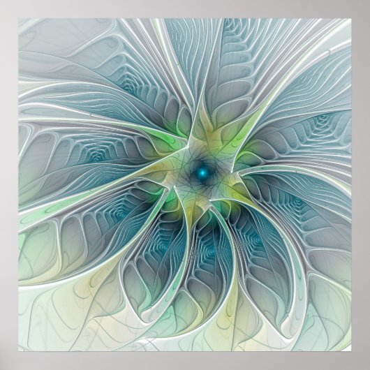 Blühen Fantasy Modern Blue Green Fraktal Blume Poster (Vorne)