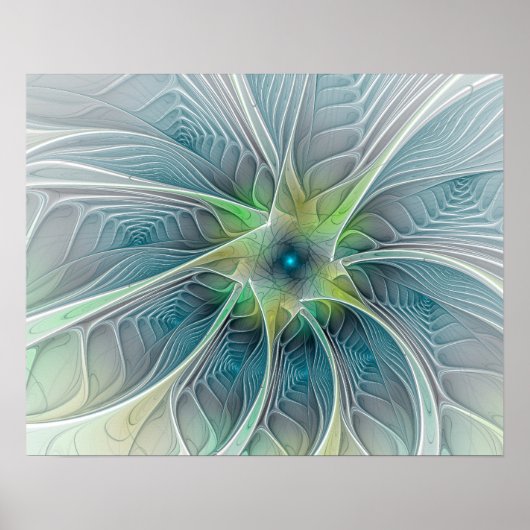 Blühen Fantasy Modern Blue Green Fraktal Blume Poster (Vorne)