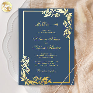 Blühen Florale Grenze Blau Islamische Hochzeit Gol Folieneinladung