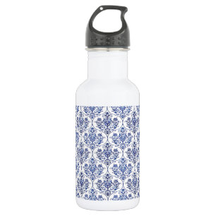 Blühen Sie Damast-Muster - Blau Edelstahlflasche