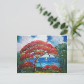 Blühen von Royal Poinciana Tree und Sailboat Postkarte (Stehend Vorderseite)