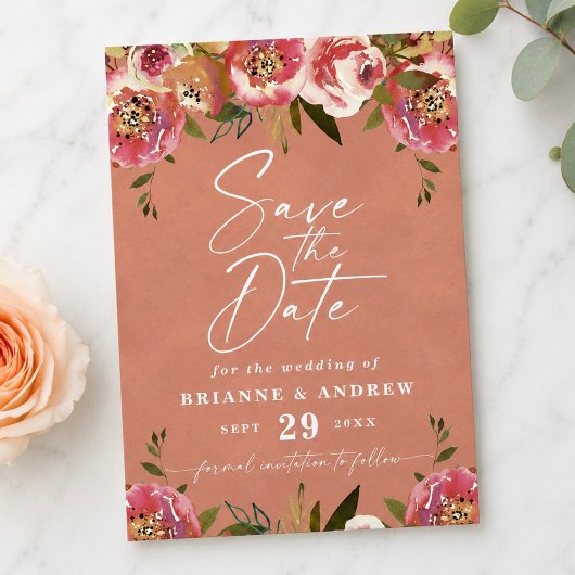 Blühend Chic Rustikale Pfirsich-Blumen-Hochzeitsfo Save The Date
