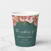 Blühend Chic Tief Teal Grün Florale Hochzeit Pappbecher (Vorderseite)