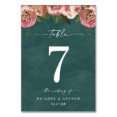 Blühend Chic Tief Teal Grün Florale Hochzeit Tischnummer (Vorderseite)