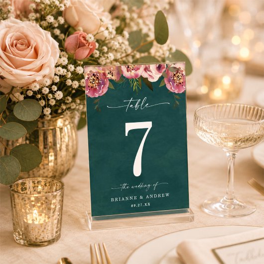 Blühend Chic Tief Teal Grün Florale Hochzeit Tischnummer
