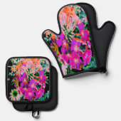 Blühende Abstrakte Magenta und Orange Blume Ofenhandschuh & Topflappen-Set (Vorderseite/Rückseite)