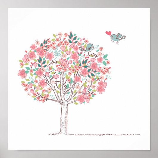 Blühende Bäume und Vögel in Liebe Poster (Vorne)