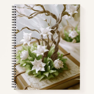 Blühende Bäume wachsen aus einem Buch-Notebook Notizblock