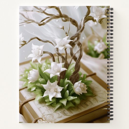 Blühende Bäume wachsen aus einem Buch-Notebook Notizblock (Rückseite)