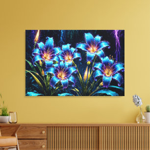 Blühende blaue Lilien in der Nacht lebendige Blume Leinwanddruck
