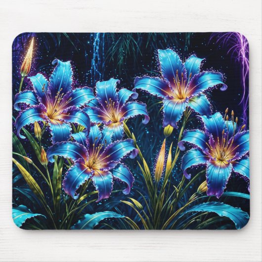 Blühende blaue Lilien in der Nacht lebendige Blume Mousepad (Vorne)