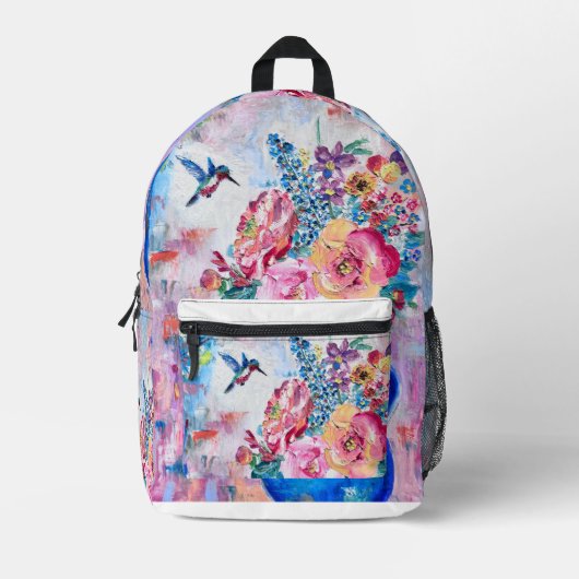 Blühende Blume & Hummingbird Öl Pastell Artwork Bedruckter Rucksack (Vorderseite)