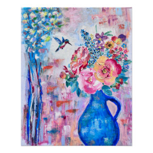 Blühende Blume & Hummingbird Öl Pastell Artwork Poster