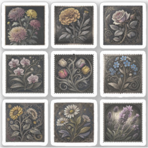 Blühende Blumen Postage Stamps Zeichnung 9 Blatt Aufkleber