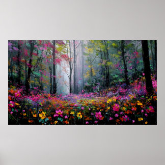 Blühende Blumen und hohe Bäume im friedlichen Wald Poster