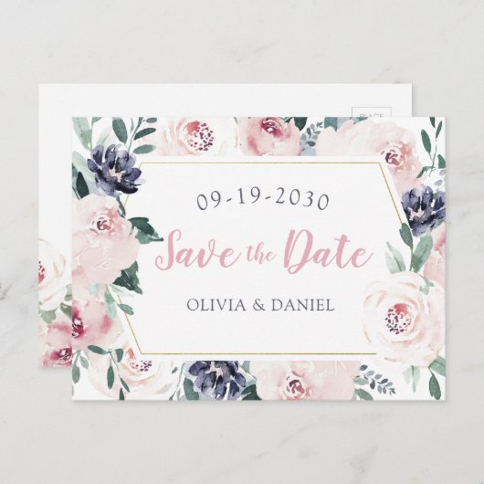 Blühende botanische Errötung Save the Date Ankündigungspostkarte (Vorne/Hinten)