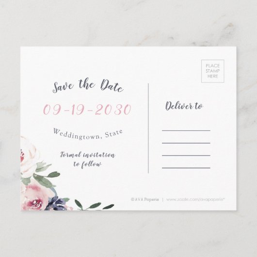 Blühende botanische Errötung Save the Date Ankündigungspostkarte (Rückseite)