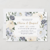 Blühende Botanische Hochzeit mit grauem Aquarell Einladung (Vorderseite)