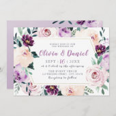 Blühende botanische Hochzeit mit lila Blumen Einladung (Vorne/Hinten)
