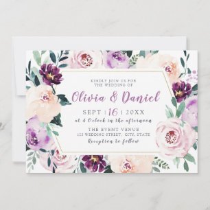 Blühende botanische Hochzeit mit lila Blumen Einladung