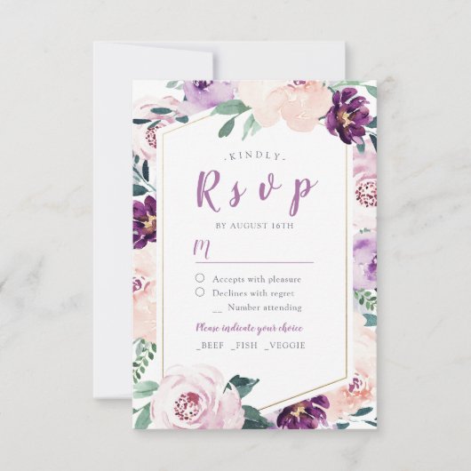 Blühende botanische Hochzeit mit lila Blumenbezug RSVP Karte (Vorderseite)